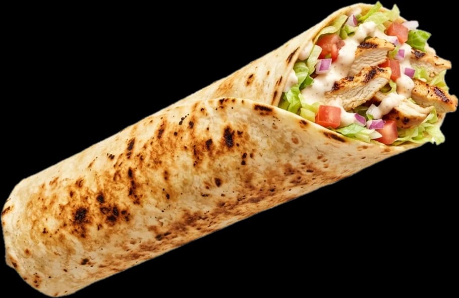 A long, grilled Munch City chicken wrap overflowing with chicken, lettuce and tomato